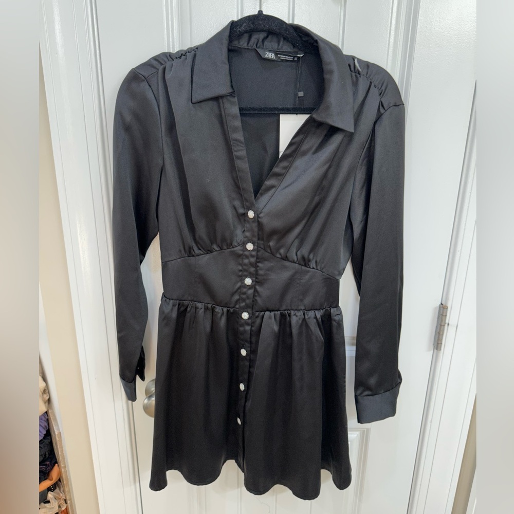 Black silky dress/ rhinestone buttons